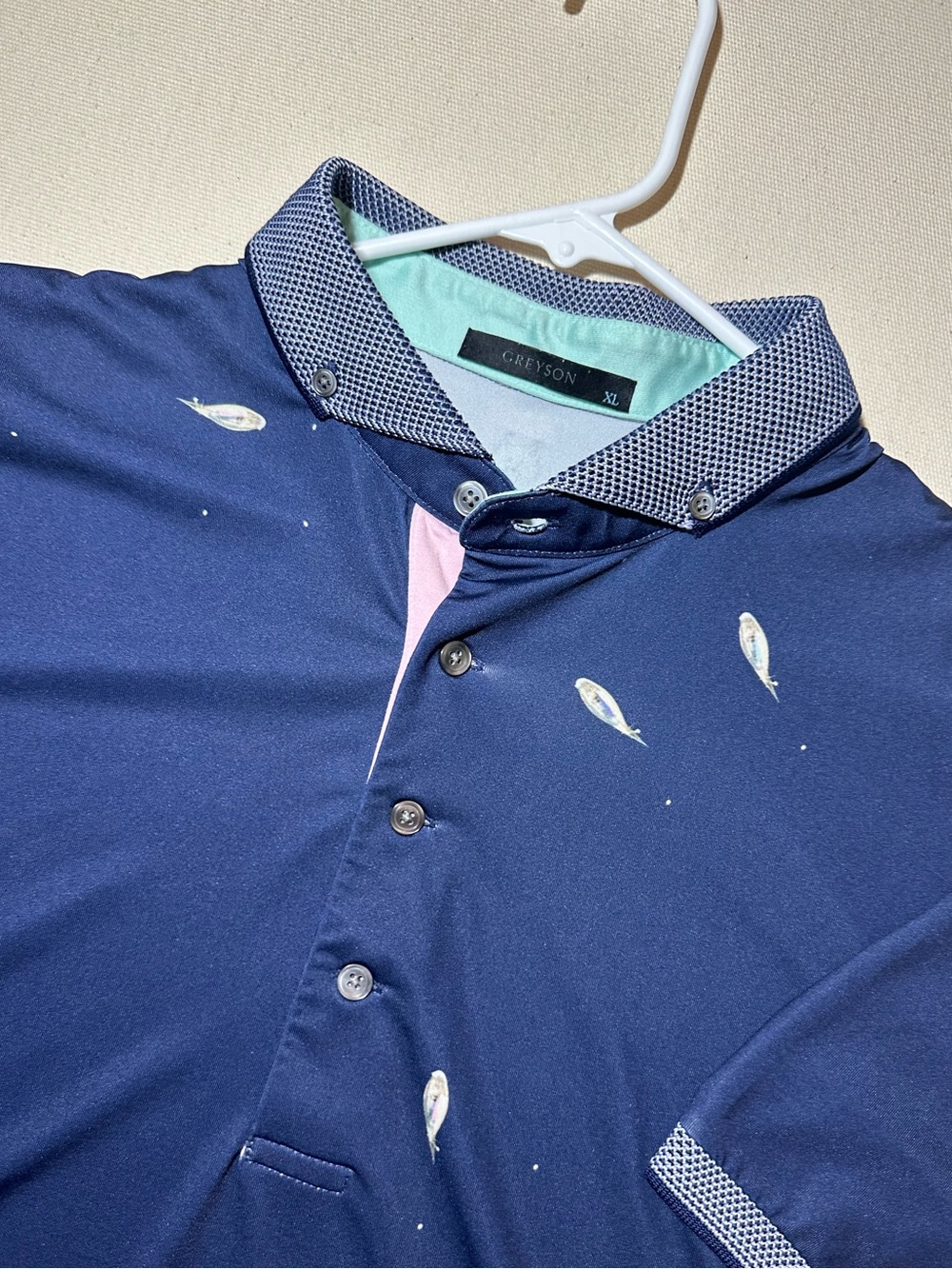 Greyson Navy Golf Polo Shirt with Fish Print and Contrast Trim